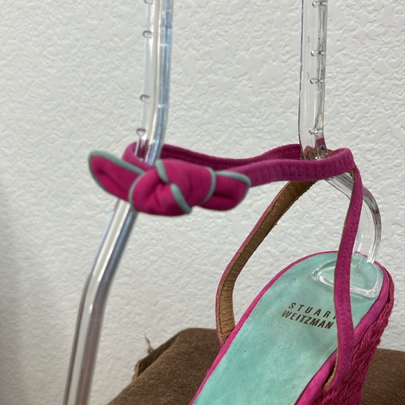 Stuart Weitzman Pink Espadrilles Suede Bow Wedge Heels - Picture 8 of 11